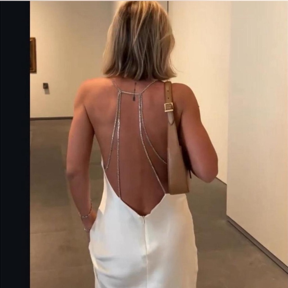 Zara White Backless Slip Dress with Chain Straps